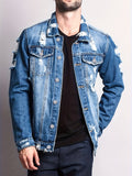 kkboxly  Men's Casual Ripped Denim Jacket, Street Style Button Up Flap Pocket Jacket