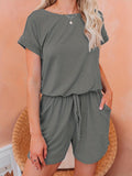kkboxly  Drawstring Waist Romper Jumpsuit, Casual Short Sleeve Romper Jumpsuit, Women's Clothing