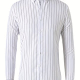 Men's Formal Classic Design Vertical Striped Button Up Shirt, Male Clothes For Spring And Fall Business Occasion
