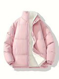 kkboxly  Men's Solid Fleece Puffer Coat, Casual Stand Collar Zip Up Thermal Jacket For Outdoor Fall Winter