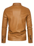 Vintage PU Leather Jacket, Men's Casual Zip Up Stand Collar Faux Leather Jacket For Spring Fall Outdoor