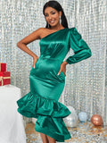 kkboxly  Off Shoulder Lantern Sleeve Ruffle Hem Bodycon Dress, Elegant Bridesmaid Party Guest Dresses For Banquet, Women's Clothing