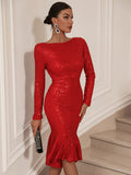 kkboxly  Backless Contrast Sequin Dress, Casual Mermaid Hem Long Sleeve Party Dress, Women's Clothing