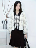 kkboxly  Fringe Button Front Floral Print Top, Stylish Chinese Vintage Long Sleeve Lapel Top For Spring & Fall, Women's Clothing