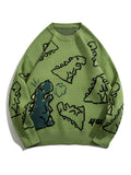 kkboxly  Cute Cartoon Dinosaur Pattern Knitted Sweater, Men's Casual Warm Slightly Stretch Round Neck Pullover Sweater For Fall Winter