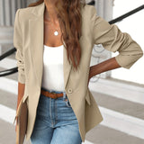 kkboxly  Solid Lapel Blazer Jacket, Casual Long Sleeve Work Office Outerwear With Pockets, Women's Clothing