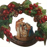 kkboxly Vintage Christmas Wreath Door Decor with Nativity Scene, Pine Cones, and Berries – Handcrafted Log Garland, Electricity-Free with Decorative Elements, Festive Holiday Entrance Accent