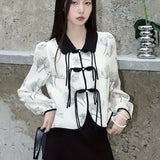 kkboxly  Fringe Button Front Floral Print Top, Stylish Chinese Vintage Long Sleeve Lapel Top For Spring & Fall, Women's Clothing
