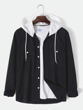 kkboxly  Fashionable And Versatile Men's Contrast Colors Casual Cotton Hoodies Button Drawstring Shirt Jacket, Suitable For Outdoor