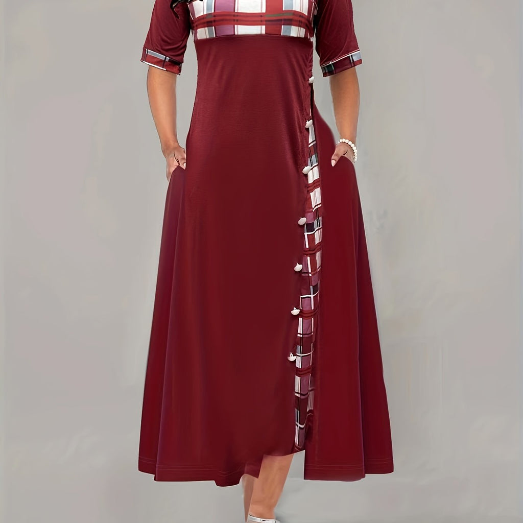 kkboxly  Plaid Print Splicing Dress, Casual Crew Neck Short Sleeve Summer Asymmetrical Dress, Women's Clothing