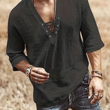 kkboxly  Men's Retro Shirt Top V Neck Lace Up Collar Middle Sleeves Closure Regular Fit Male Casual Shirt For Daily Beach Resorts Summer