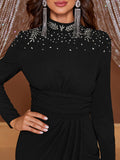 kkboxly  Rhinestoned Ruched Split Hem Dress, Elegant Long Sleeve Court Train Dress For Party & Banquet, Women's Clothing