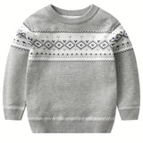 Retro Geometric Pattern Boys Casual Color Block Knitted Sweater For Fall Winter, Gift For Kids
