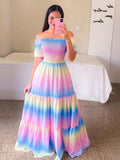 kkboxly  Gradient Print Tiered Dress, Casual Off Shoulder Shirred Party Dress, Women's Clothing