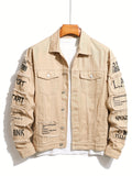 kkboxly  Letter Print Denim Jacket, Men's Casual Chic Lapel Chest Pocket Jacket