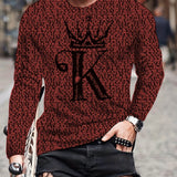 kkboxly  Cool Alphabet K Print Men's Long Sleeve T-shirt, Men's Fashion Crew Neck Tops, Spring Fall