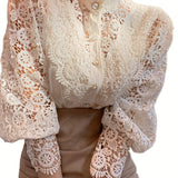 kkboxly  Women's Blouse Lace Puff Sleeve Lantern Sleeve Solid Pleated Women Blouse