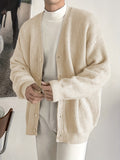 kkboxly  All Match Knitted Solid Color V Neck Cardigan, Men's Casual Warm Slightly Stretch Button Up Coat For Fall Winter