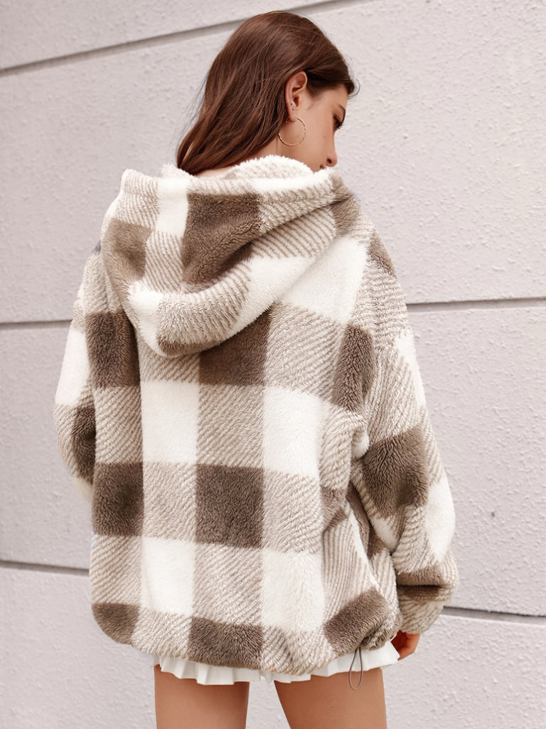 kkboxly  Plaid Hooded Teddy Coat, Elegant Zip Up Long Sleeve Winter Warm Outerwear, Women's Clothing