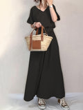 kkboxly  Round Neck Big Swing Dress, Casual Solid Color Belt Waist Summer Solid Trapeze Dresses, Women's Clothing