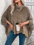 Color Block Tassel Trim Cape Sweater, Casual Asymmetrical Collar Button Sweater, Women's Clothing