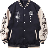 kkboxly  Warm Letter Print Star Pattern Embroidery Varsity Jacket, Men's Casual Color Block Button Up Jacket For Spring Fall School Baseball