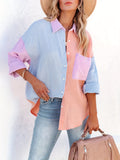 kkboxly  Color Block Stitching Shirt, Casual Pocket Long Sleeve Button Down Shirt, Women's Clothing