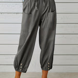 kkboxly  Patched Pockets Button Front Crop Pants, Casual Loose Pants For Spring & Summer, Women's Clothing