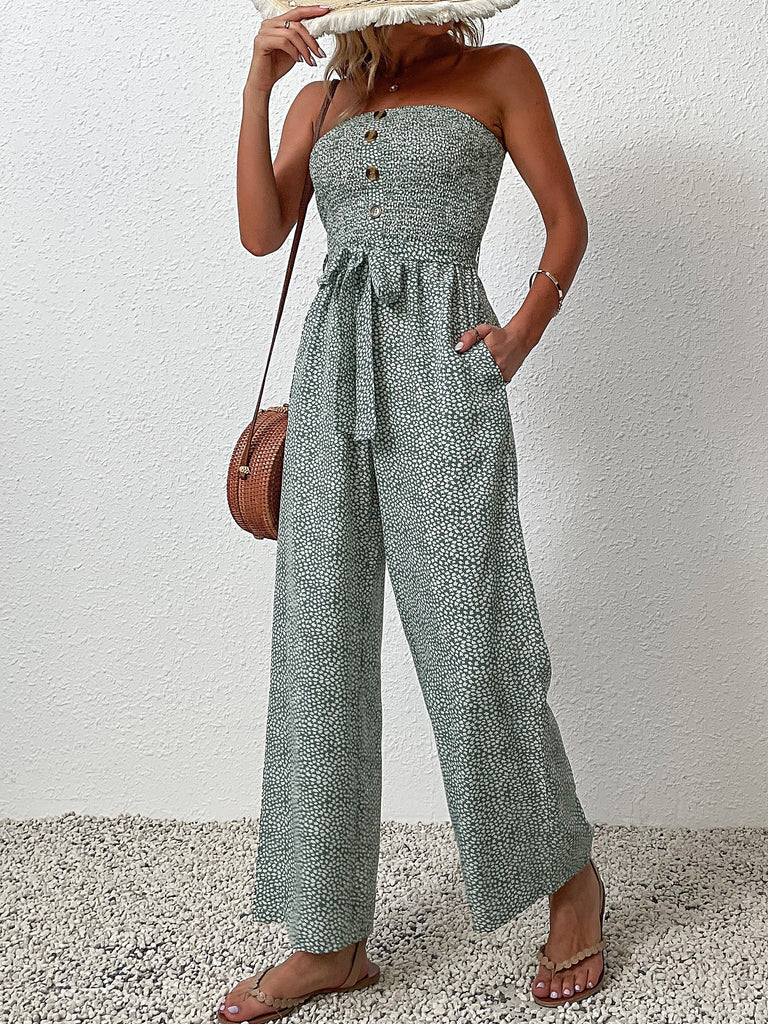 kkboxly  Boho Ditsy Floral Print Off Shoulder Jumpsuit, Casual Button Front Long Length Jumpsuit, Women's Clothing