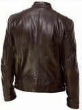 kkboxly  Chic PU Jacket, Men's Casual Solid Color Zip Up Stand Collar Faux Leather Jacket For Spring Fall