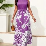 kkboxly  Floral Print Round Neck Sleeveless Tie Waist Dress, Vintage Stitch Flared Maxi Dress, Women's Clothing