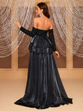 kkboxly  Off-shoulder Sequin Sweep Train Dress, Elegant Sweetheart Neck Long Sleeve Tiered Dress, Women's Clothing