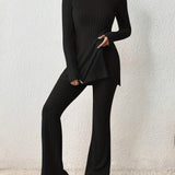 kkboxly  Solid Textured Two-piece Set, Long Sleeve Slit Long Length Top & Skinny Pants Outfits, Women's Clothing