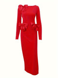 kkboxly  Bow Decorate Backless Dress, Elegant Split Hem Long Sleeve Dress For Spring & Fall, Women's Clothing