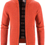 kkboxly  Warm Stand Collar Fleece Jacket, Men's Semi-formal Comfortable Solid Color Zip Up Knitted Cardigan For Spring Fall