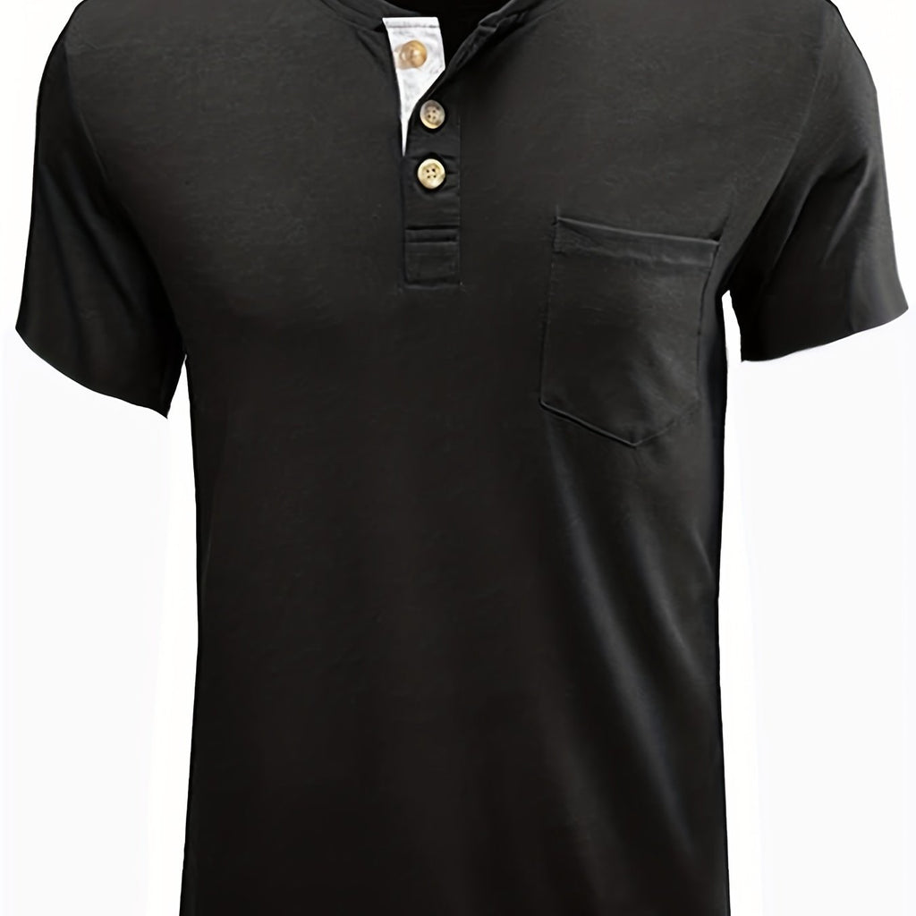 kkboxly  Breathable Solid Color Henley Shirt, Men's Casual V-Neck Pullover T-Shirt Short Sleeve For Summer, Men's Clothing