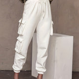kkboxly  Drawstring Baggy Cargo Pants, Casual High Waist Flap Pockets Pants, Women's Clothing