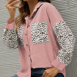 kkboxly  Corduroy Leopard Print Stitching Coat, Casual Lapel Long Sleeve Button Down Fashion Loose Outerwear, Women's Clothing