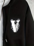 kkboxly  Letter V In The Mist Print Men's Hooded Sweatshirt Casual Long Sleeve Hoodies With Full Zip-Up Gym Sports Hooded Jacket