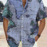 kkboxly  Plus Size Men's Hawaiian Shirts For Beach, Comfy Full Retro Map Printed Short Sleeve Aloha Shirts, Oversized Casual Loose Tops For Summer
