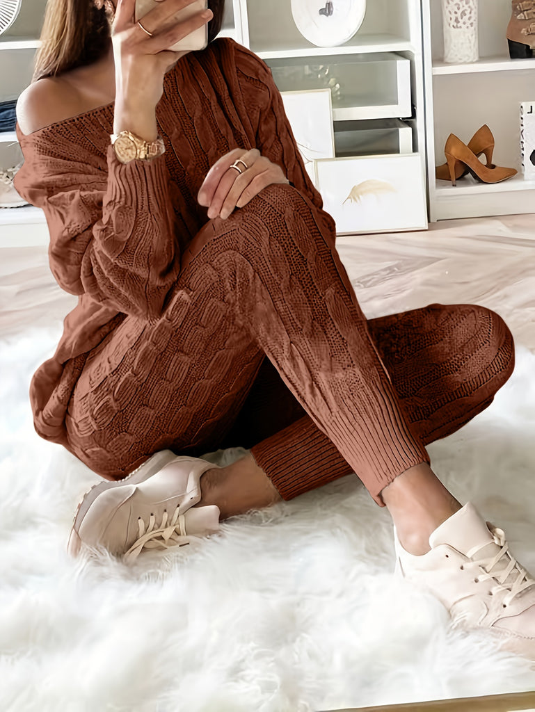 kkboxly  Solid Knitted Matching Two-piece Set, Casual Long Sleeve Sweater & Pants Outfits, Women's Clothing