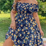 kkboxly  Plus Size Casual Dress, Women's Plus Floral Print Shirred Lettuce Trim Off Shoulder Smock Dress