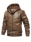 kkboxly  Men's Pu Leather Trendy Hooded Jacket, Windproof Warm Thermal Jacket For Autumn Winter