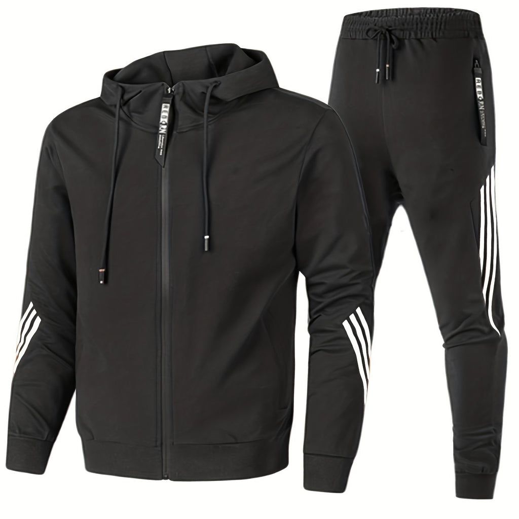 kkboxly  Stripe Design, Men's 2pcs, Long Sleeve Zip Up Hoodie And Drawstring Jogger Pants For Running, Athletics