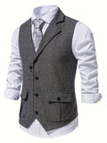 kkboxly  Men's Herringbone Tweed Vest Notched Lapel Single Breasted Sleeveless Vest Jacket