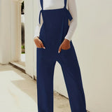 kkboxly  Solid Patched Pockets Knot Strap Overall Jumpsuit, Casual Overall Jumpsuit For Spring & Summer, Women's Clothing