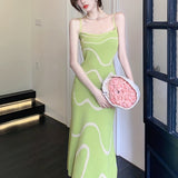 kkboxly  Wavy Striped Print Dress, Elegant Spaghetti Sleeveless Bodycon Midi Dress, Women's Clothing