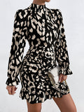 Leopard Print Ruched Dress, Sexy Mock Neck Long Sleeve Bodycon Dress, Women's Clothing