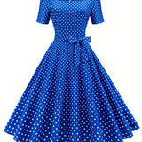kkboxly  Polka Dot Bow Front Dress, Vintage Elegant Square Neck Short Sleeve Dress, Women's Clothing