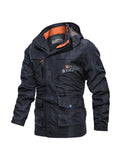 kkboxly  Casual Multi-pocket Light Weight Drawstring Waist Zip Up Hooded Jacket Coat, Men's Cotton Jacket For Fall Outdoor